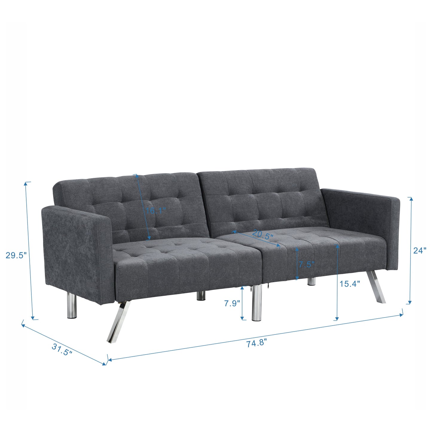 Futon Sofa Bed Convertible Folding Lounge Couch, Armrests - Dark Gray