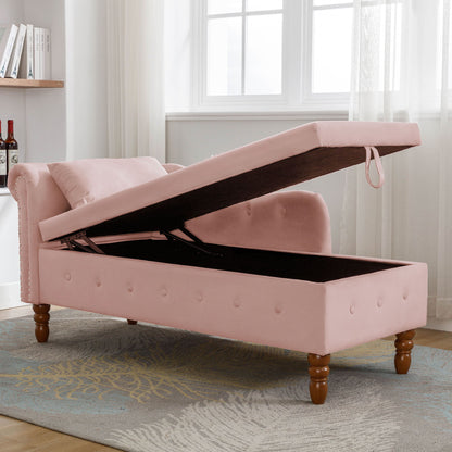 Chaise Lounge Indoor, Velvet Lounge Chair For Bedroom With Storage & Pillow, Modern Upholstered Rolled Arm Chase Lounge For Sleeping With Nailhead Trim For Living Room Bedroom Office - Pink
