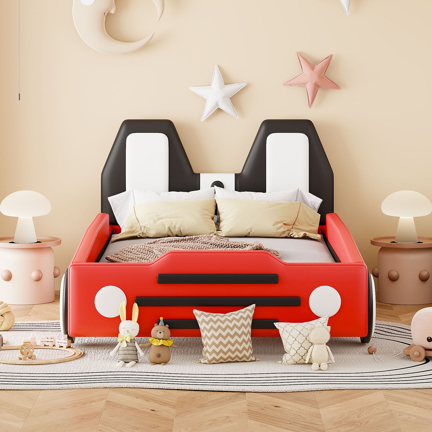 Twin Size Race Car Shaped, Platform Bed & Wheels - Red