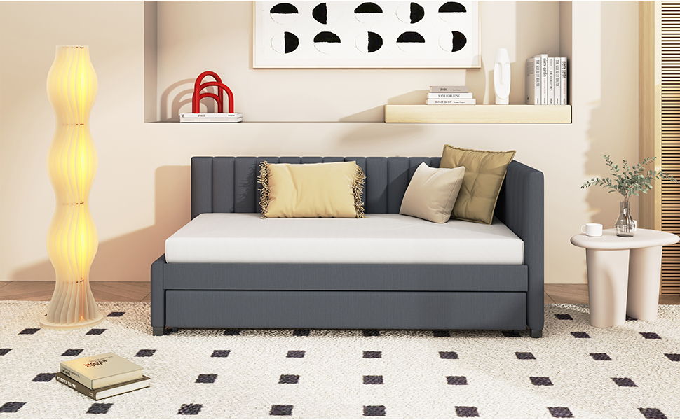 Upholstered Daybed With Trundle Twin Size Sofa Bed Frame No Box Spring Needed, Linen - Gray