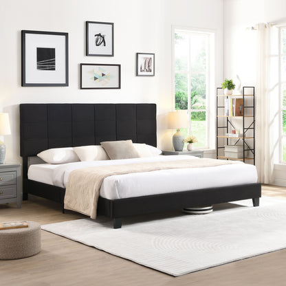 King Size Upholstered Platform Bed Frame With Linen Fabric Headboard, No Box Spring Needed, Wood Slat Support - Black