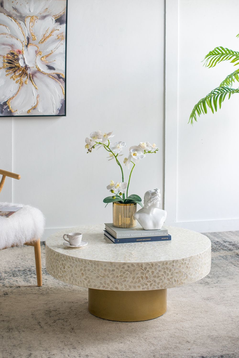 Unique Capiz Coffee Table With Pedestal Base - Multi