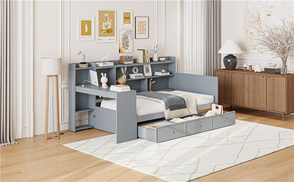 Twin Size Daybed With 3 Drawers USB Ports And Desk - Gray
