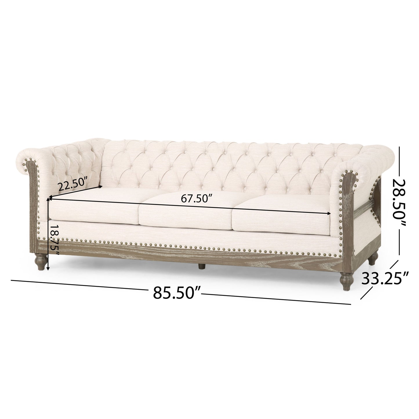 Comfy 3 Seat Sofa With Wooden Legs, Retro Style For Living Room - Beige