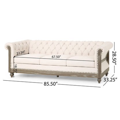 Comfy 3 Seat Sofa With Wooden Legs, Retro Style For Living Room - Beige