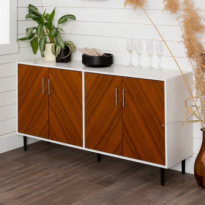 Mid-Century Modern Faux Bookmatch Door Buffet - White / Teak