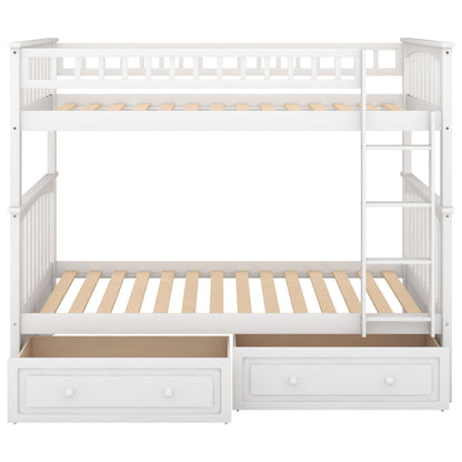 Twin Over Twin Bunk Bed With Drawers, Convertible Beds - White
