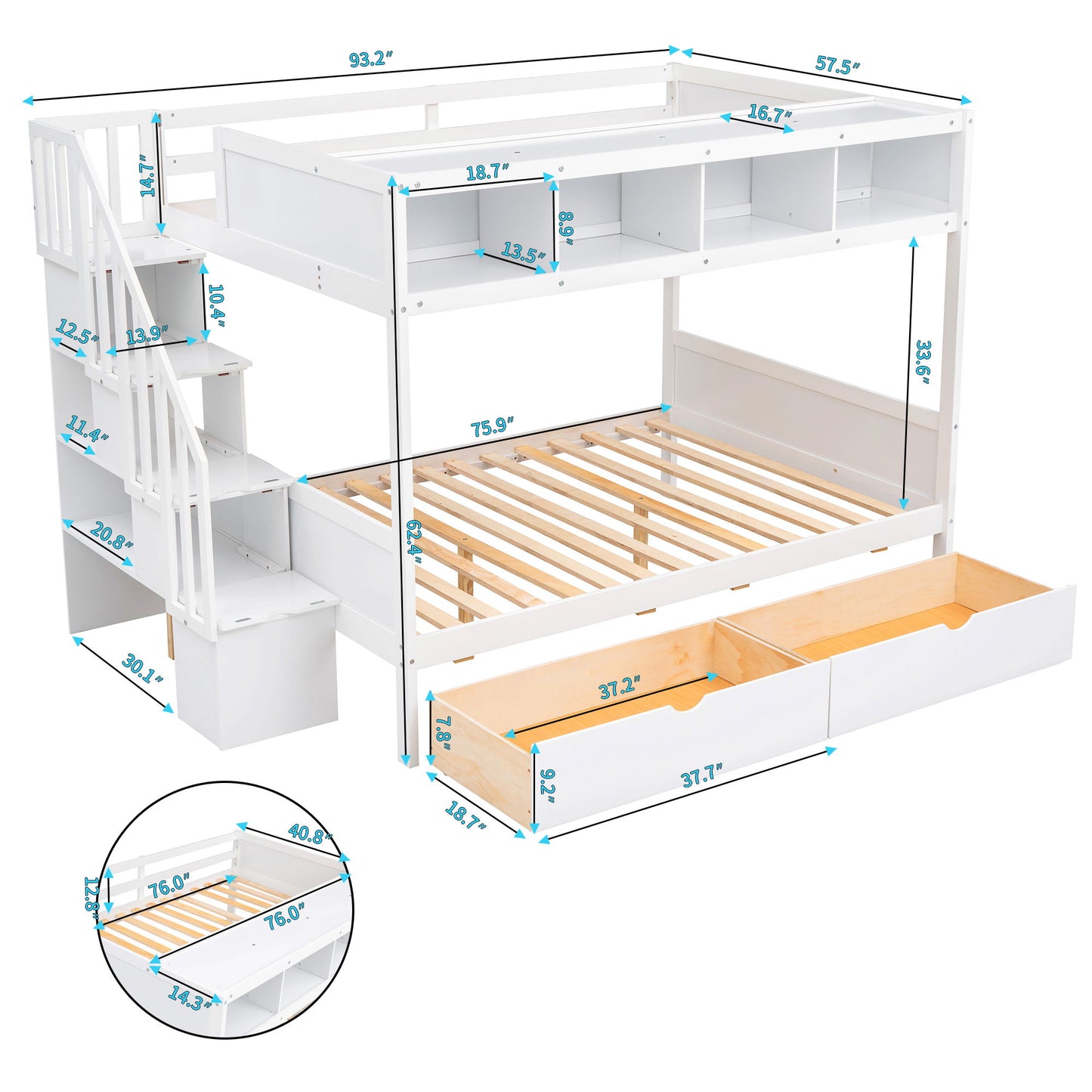 Twin Over Full Bunk Bed With Shelfs, Storage Staircase And 2 Drawers - White