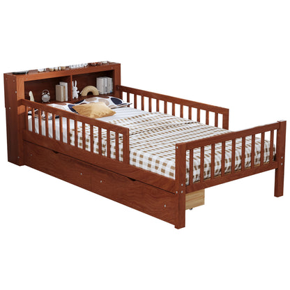 Twin Size Bed With Headboard Storage Rack, 2 Under Bed Drawers, 3 - Side Guardrails For Safety And Security - Walnut