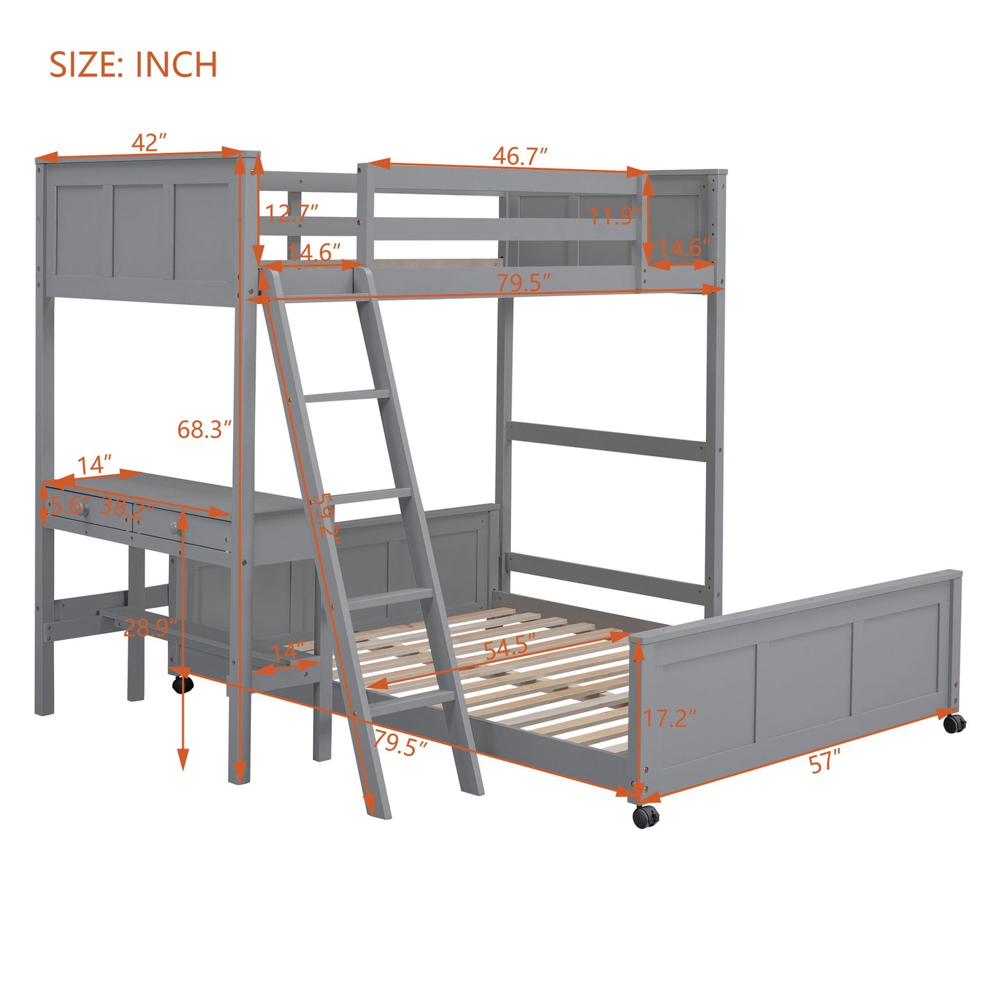 Twin Over Full Bunk Bed With Desk - Gray