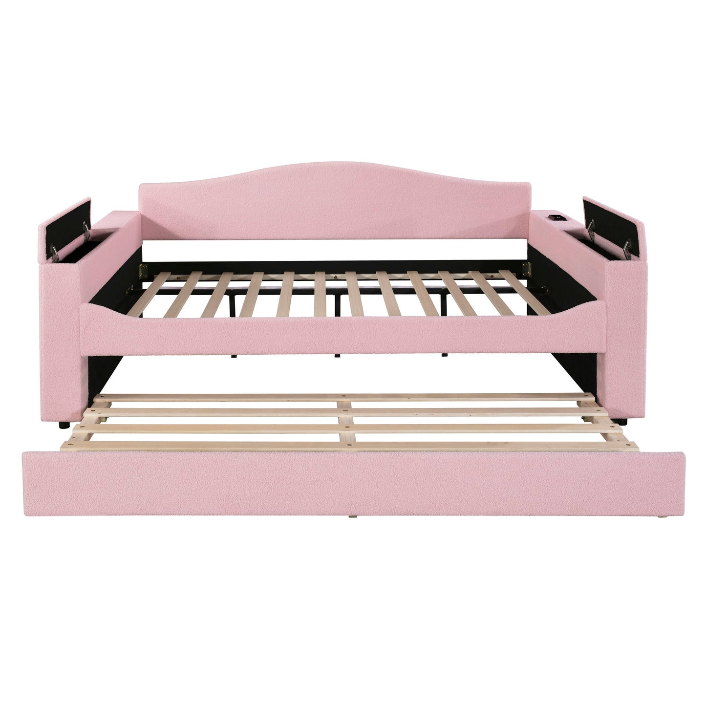 Full Size Upholstered Daybed With Storage Armrests, Trundle And Latest Integrated Bluetooth Audio System, Teddy Fleece - Pink