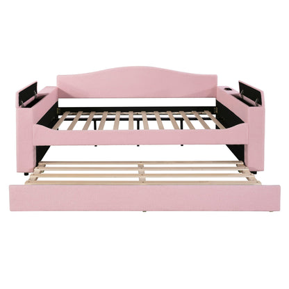 Full Size Upholstered Daybed With Storage Armrests, Trundle And Latest Integrated Bluetooth Audio System, Teddy Fleece - Pink