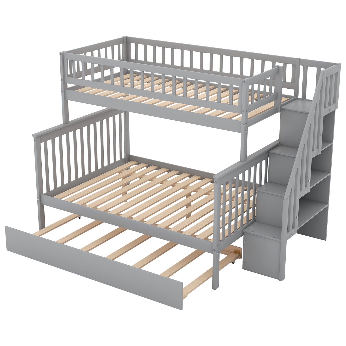 Twin Over Full Bunk Bed With Trundle And Staircase - Gray