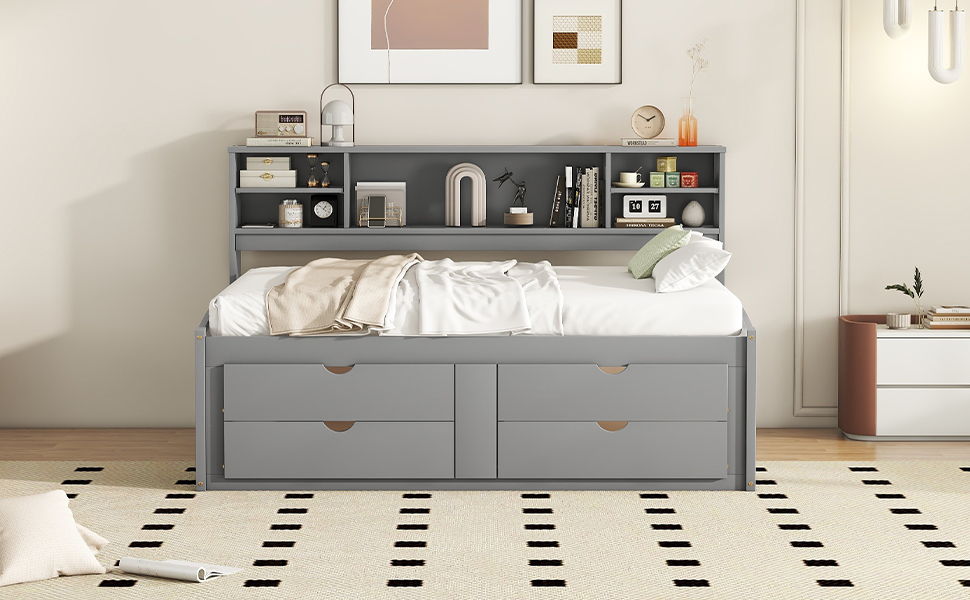 Full Size Daybed With 2 Bedside Cabinets, Upper Shelves And 4 Drawers - Gray