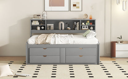 Full Size Daybed With 2 Bedside Cabinets, Upper Shelves And 4 Drawers - Gray