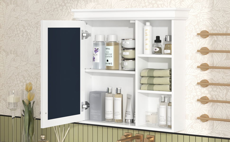 Bathroom Medicine Cabinet With Mirror, Wall Mounted Mirror Cabinet & Storage Organizer, Over The Toilet Storage White Storage Cabinet For Bathroom - White