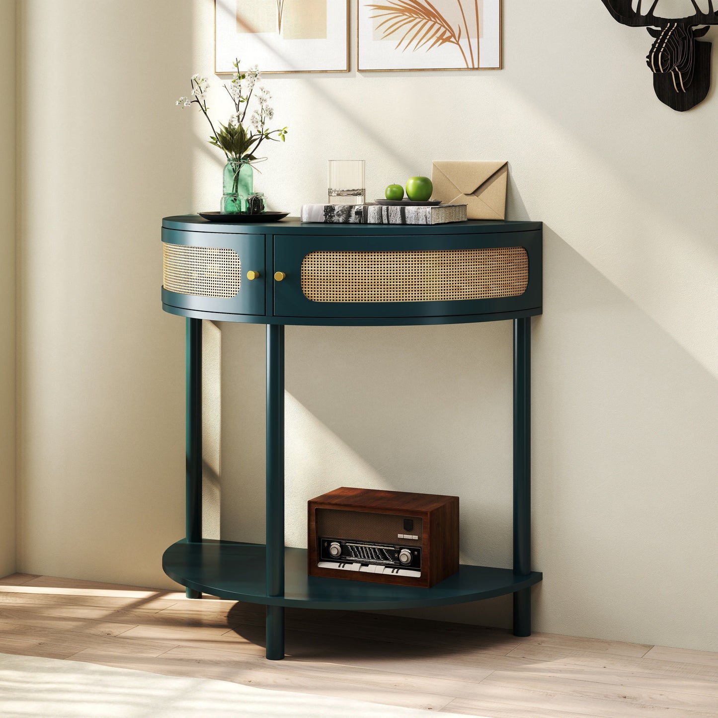 Boho Rattan Semi Circle End Table With Sliding Rattan Door, Elegant Entryway Console With Storage And Bottom Shelf - Antique Green
