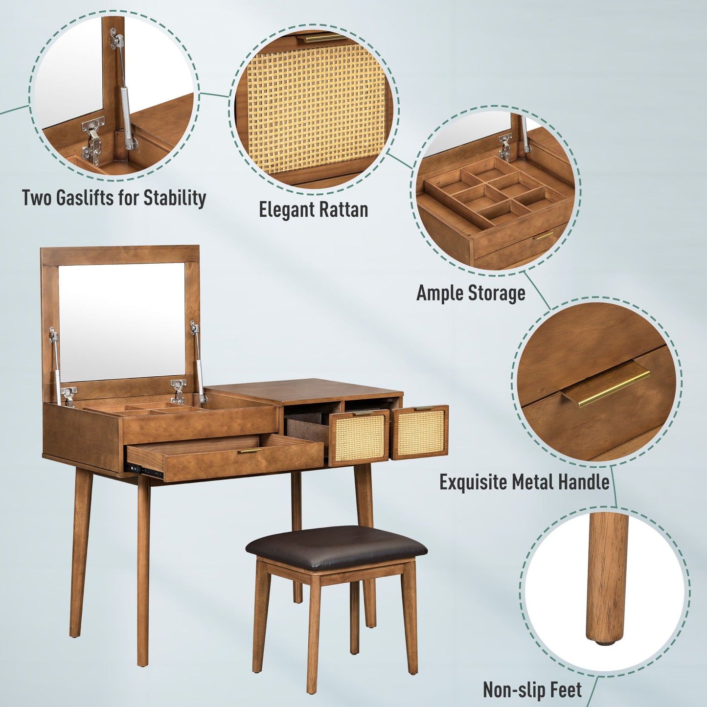 Classic Wood Makeup Vanity Set With Flip-Top Mirror And Stool, Dressing Table With Three Drawers And Storage Space - Brown