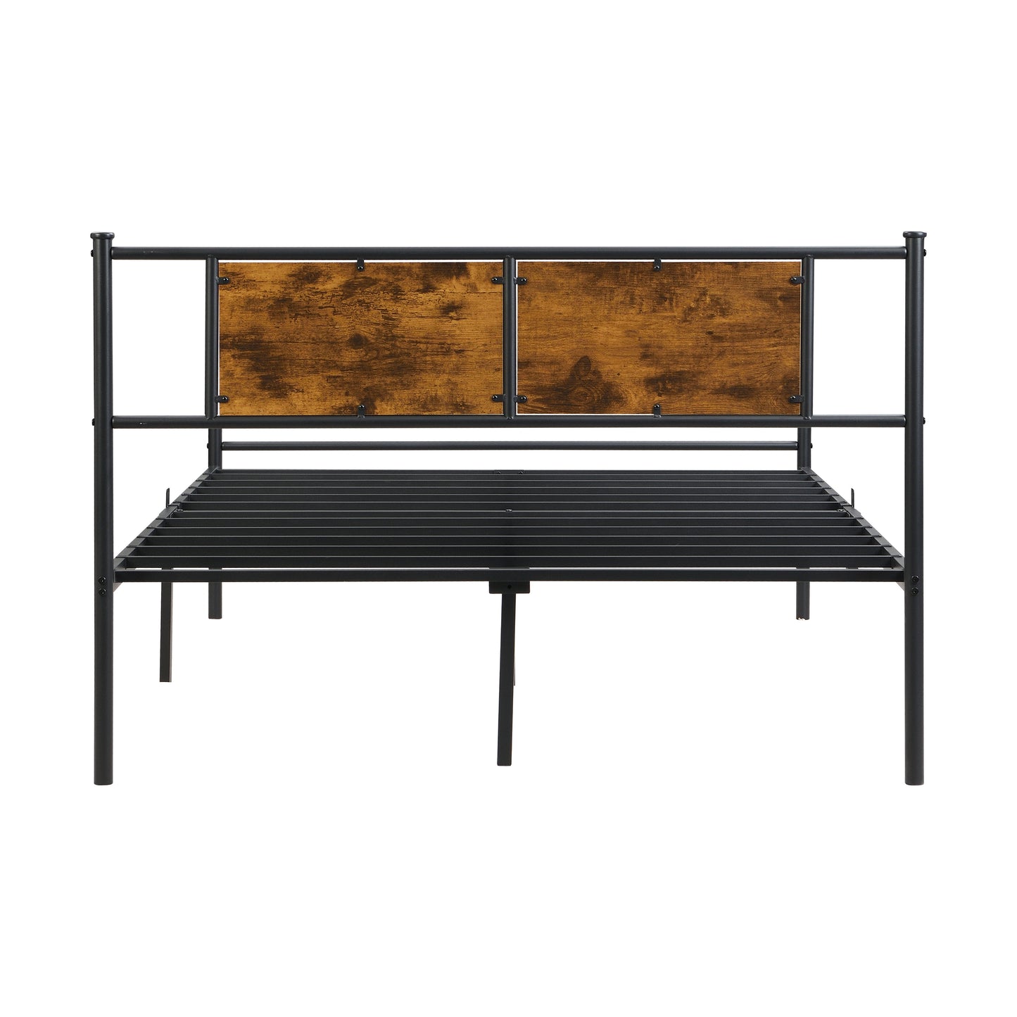 Queen Size Modern Metal Bedframe With Headboard, Durable Steel Structure - Black / Brown
