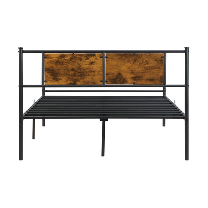 Queen Size Modern Metal Bedframe With Headboard, Durable Steel Structure - Black / Brown