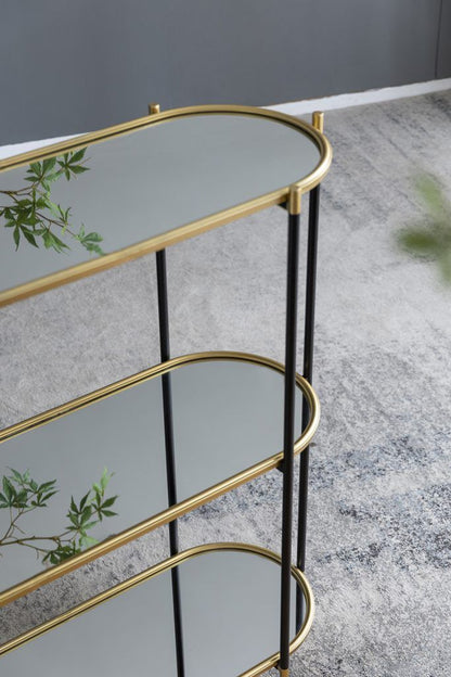 3 Tier Metal Console Table, Mirrored Shelf - Golden Black