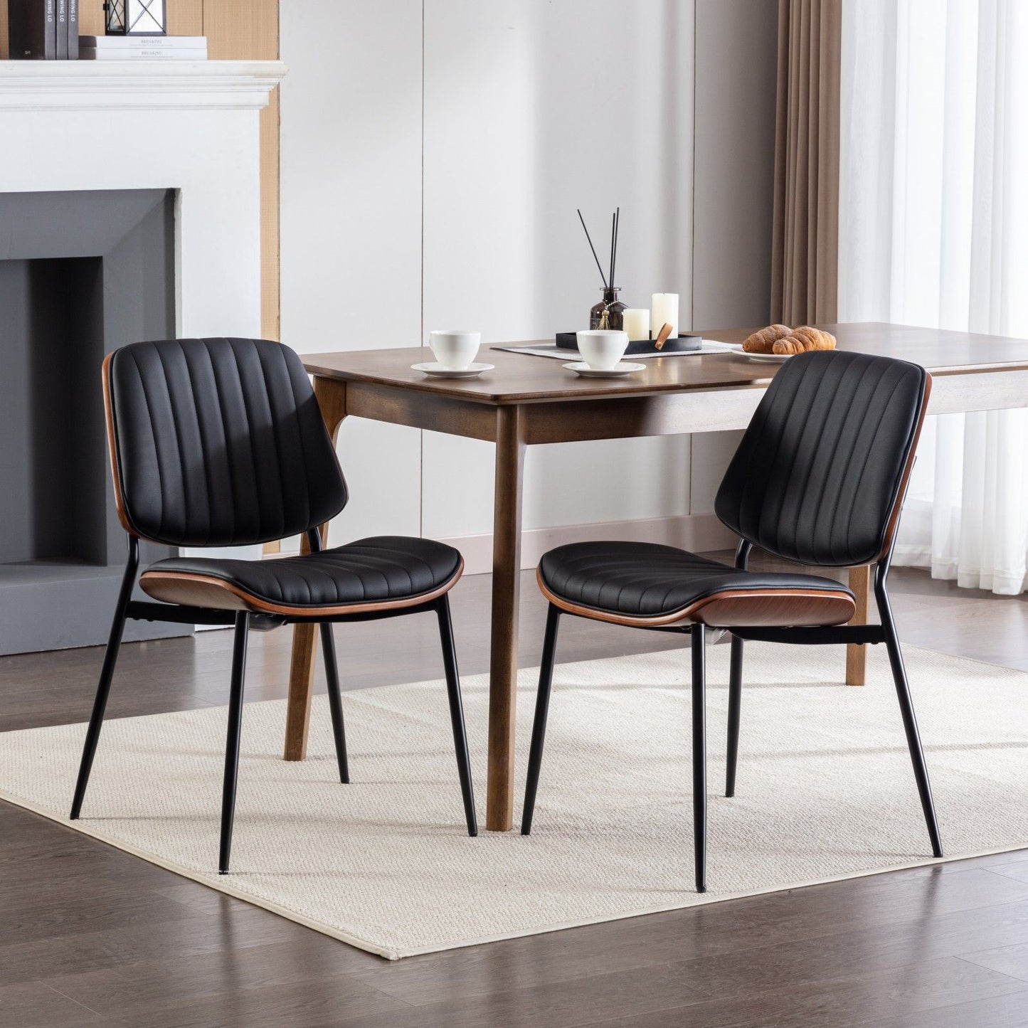 Dining Chairs Mid-Century Modern Retro Faux Leather Chair With Walnut Bentwood Back Upholstered Seat Metal Legs Adjustable Foot For Kitchen Dining Room Chairs (Set of 2) - Black