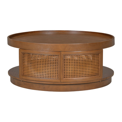 Wooden Mid-Century Modern Coffee Table, Round Cane Coffee Table With Side For Living Room - Brown