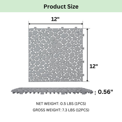 Interlocking Deck Tiles Plastic Waterproof Outdoor All Weather Anti-Slip Bathroom Shower Balcony Porch Strong Weight Capacity Upto 440 Lbs, Pebble Stone Pattern Pack Of 12 - Gray