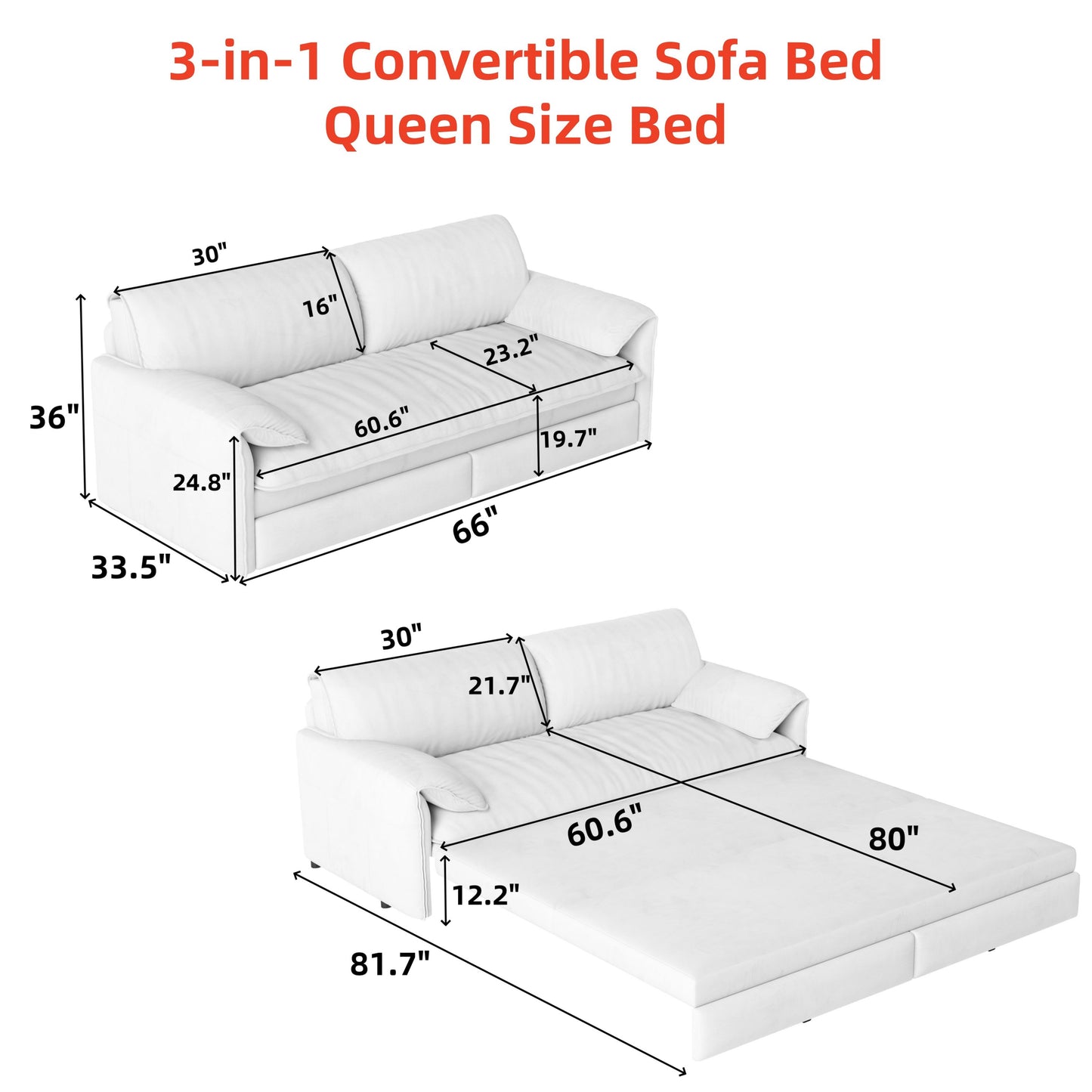 Queen Pull Out Sofa Bed, 3 In 1 Convertible Sleeper Sofa With Side Storage Multifunctional Velvet Loveseat Bed For Living Room - Black