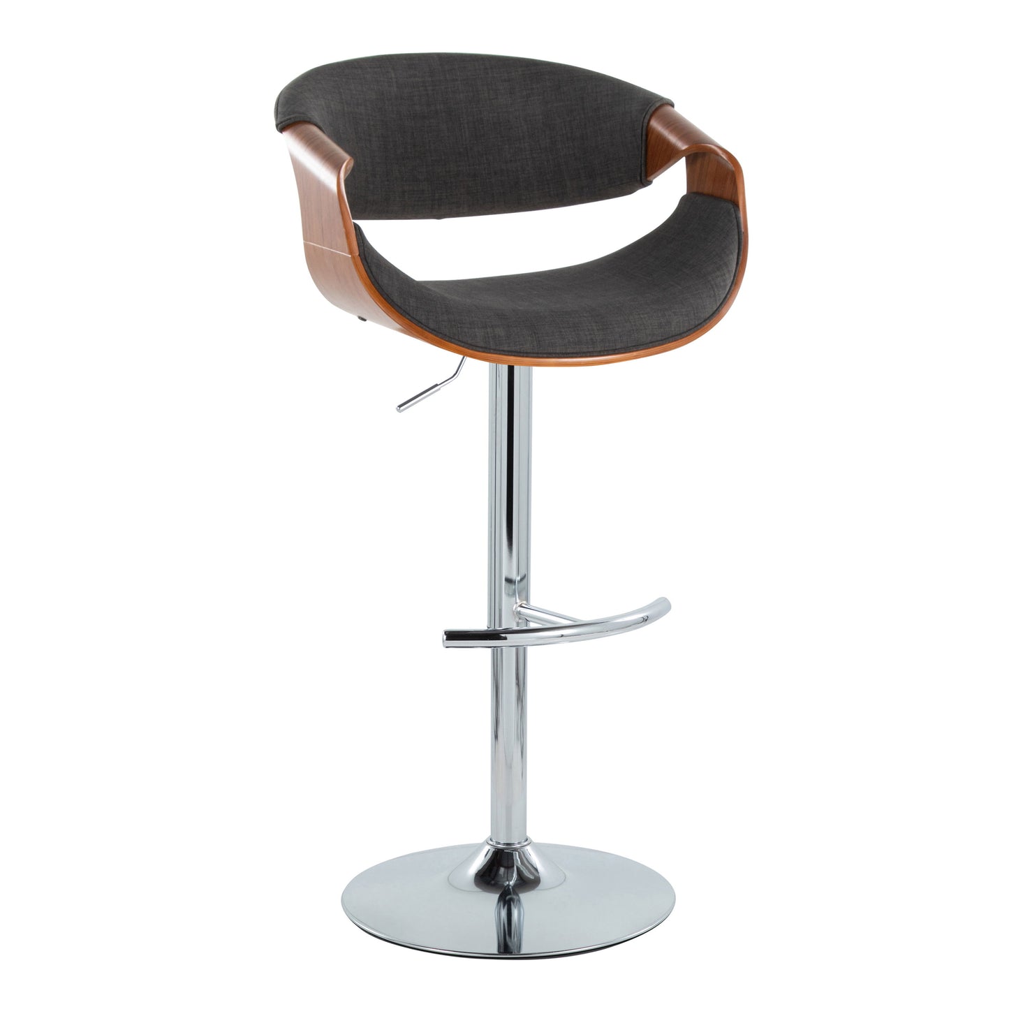 Curvo - Mid-Century Modern Adjustable Barstool With Swivel With Rounded T Footrest (Set of 2) - Chrome / Walnut / Charcoal