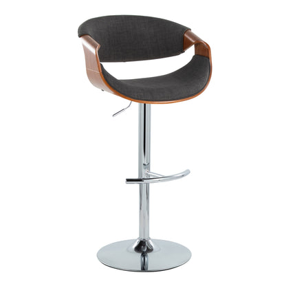Curvo - Mid-Century Modern Adjustable Barstool With Swivel With Rounded T Footrest (Set of 2) - Chrome / Walnut / Charcoal