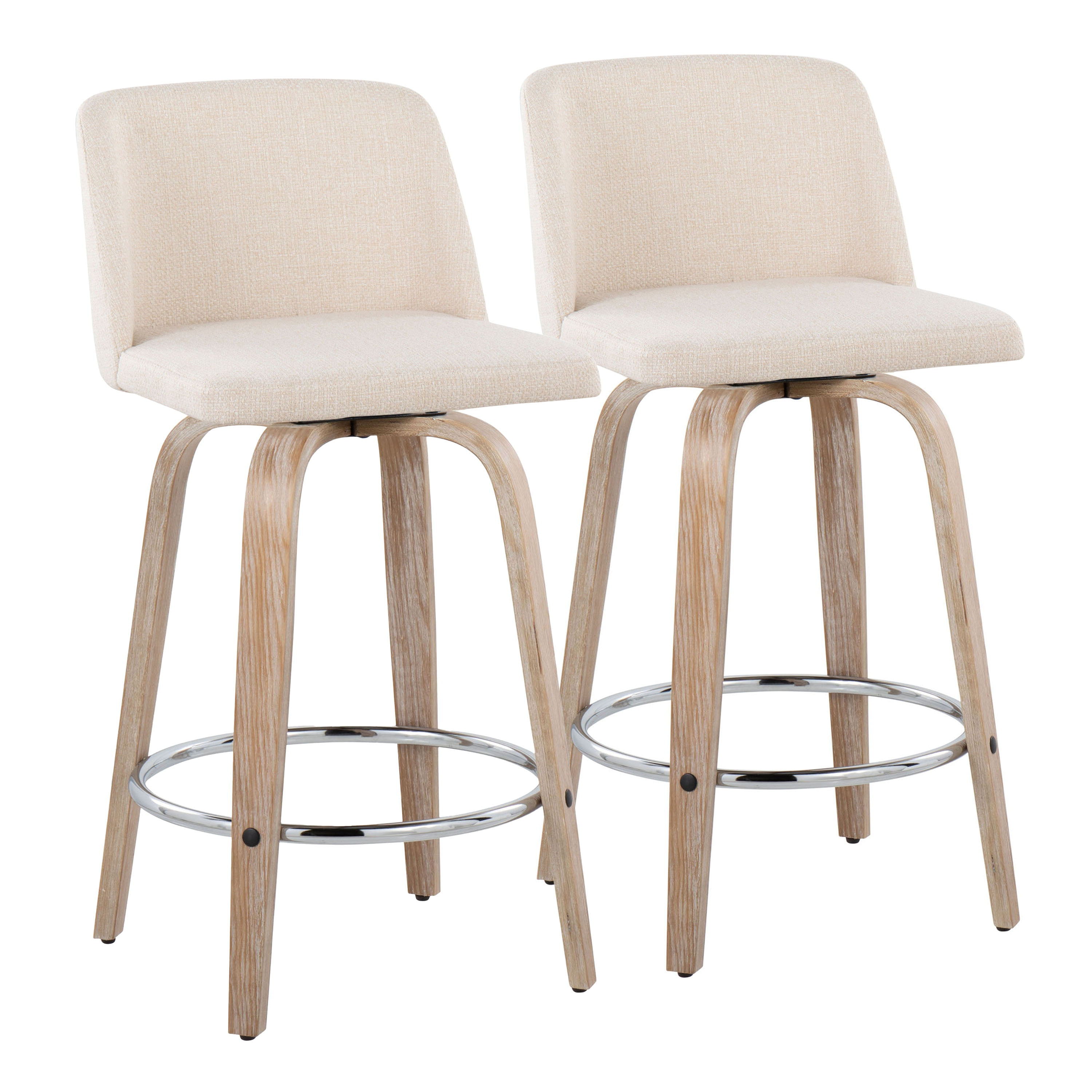 Toriano - Contemporary Fixed Height Counter Stool With Swivel And Round Footrest (Set of 2) - Whitewashed / Cream