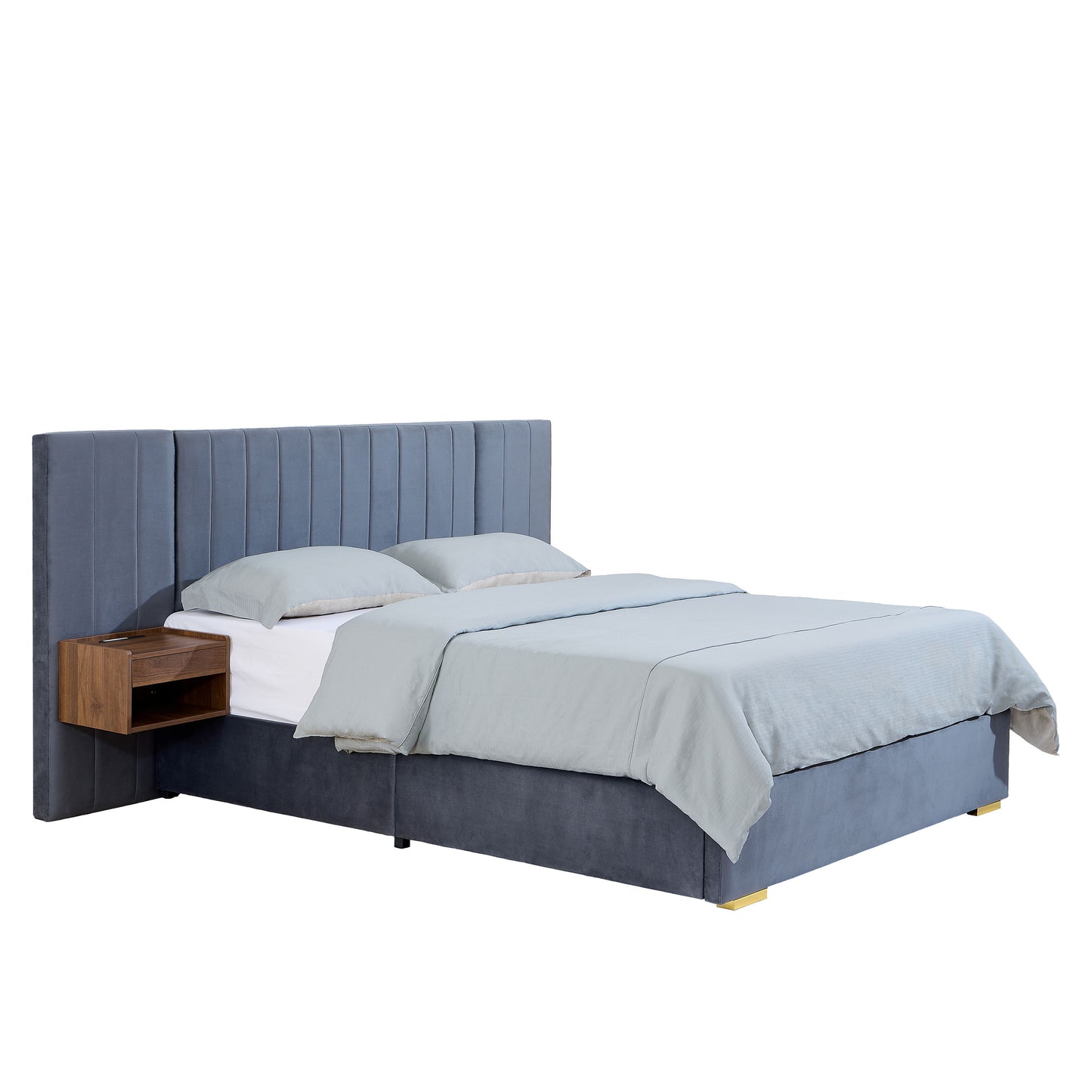 Upholstered Queen Size Bed Frame Of Velvet Tufted Headboard With Floating Nightstand LED / USB Built - Gray