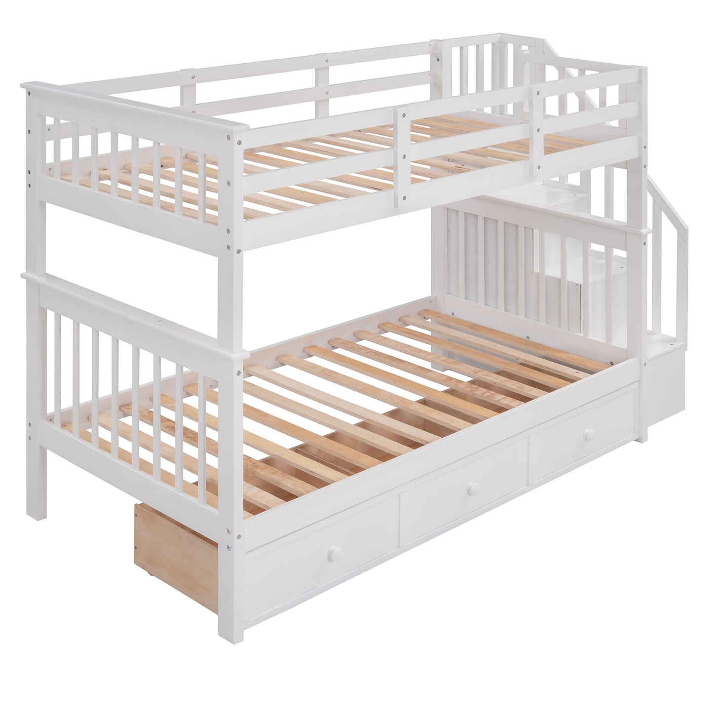 Twin Over Twin Stairway Bunk Bed With Three Drawers For Bedroom - White