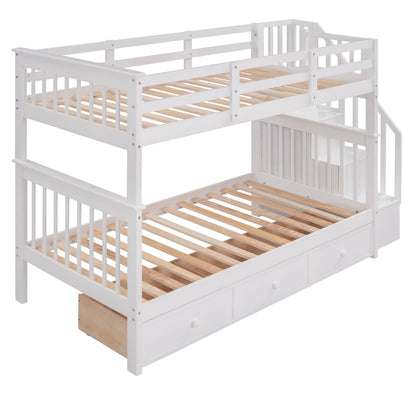 Twin Over Twin Stairway Bunk Bed With Three Drawers For Bedroom - White