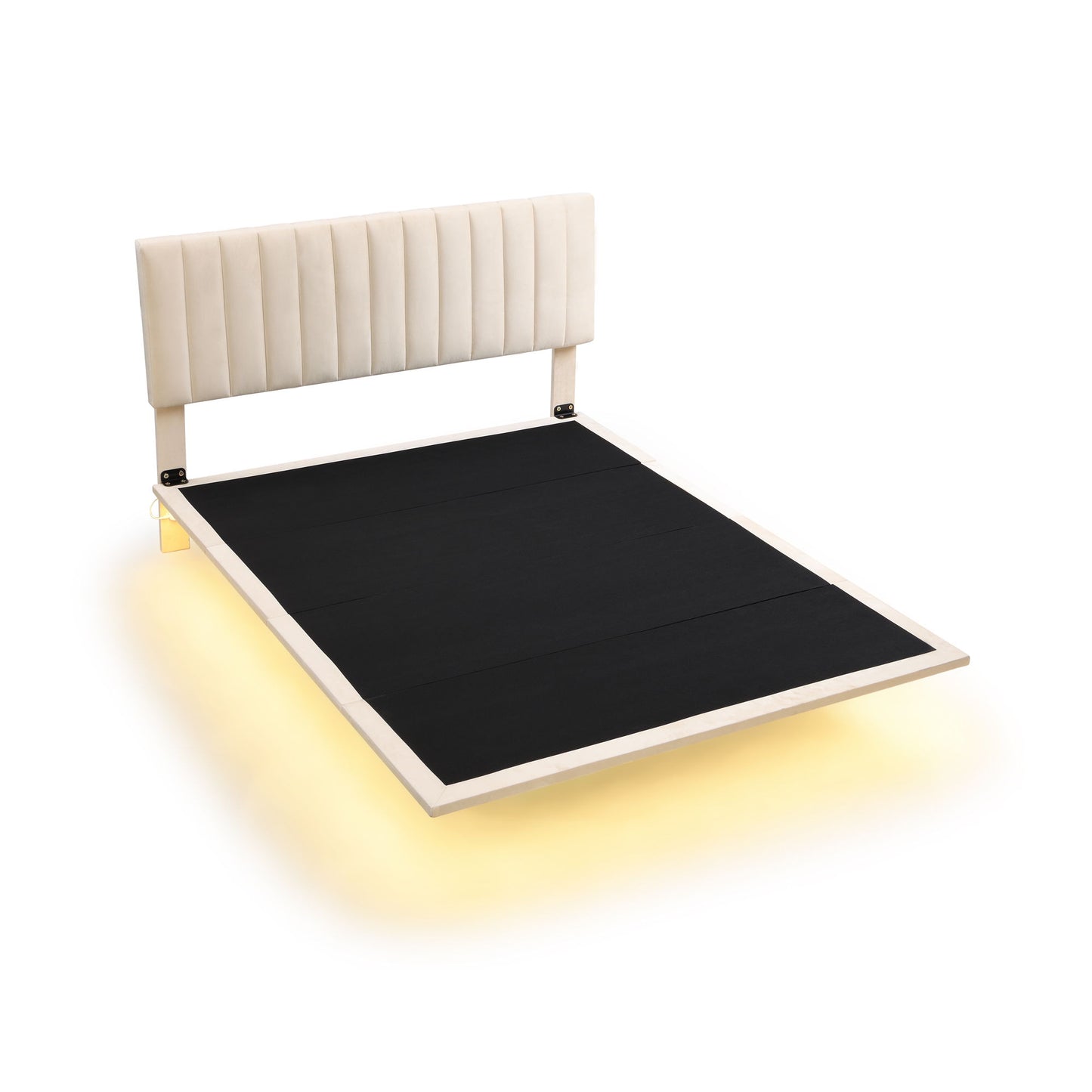 Queen Size Upholstered Bed With Sensor Light And Headboard, Floating Platform Bed - Beige