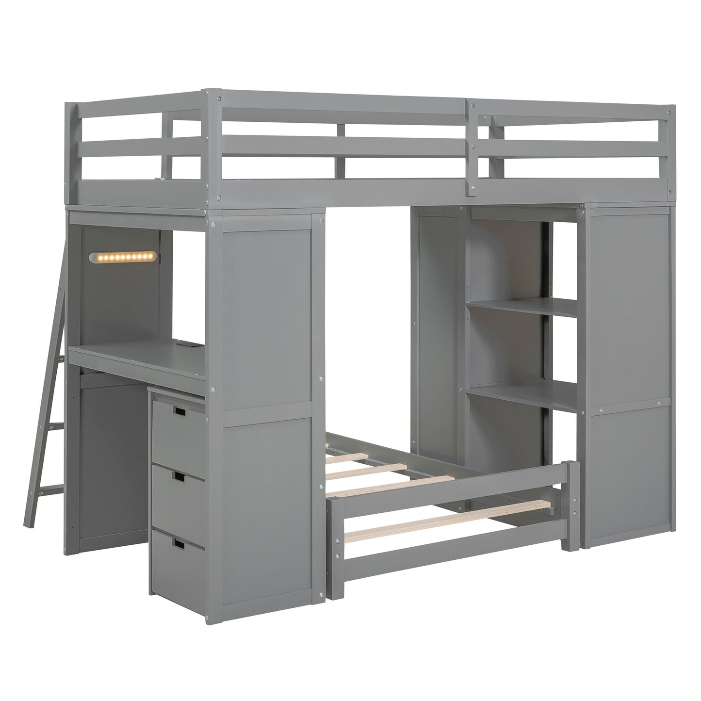 Twin Over Twin Bunk Bed With LED Light And USB Ports - Gray