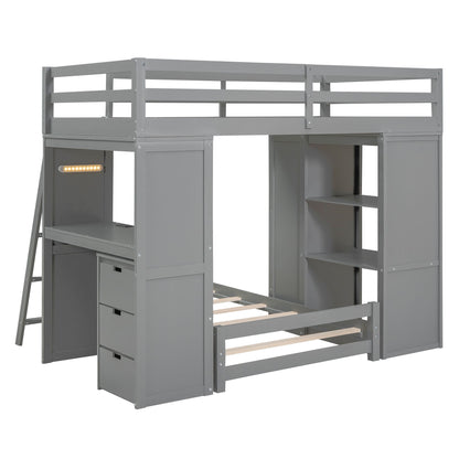 Twin Over Twin Bunk Bed With LED Light And USB Ports - Gray