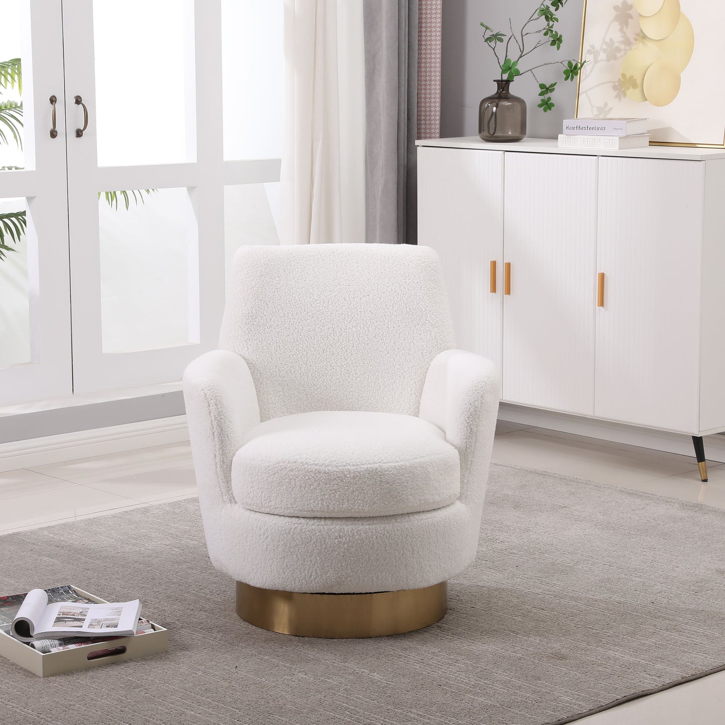 Teddy Swivel Barrel Chair, Swivel Accent Chairs Armchair For Living Room, Reading Chairs For Bedroom Comfy, Round Barrel Chairs With Gold Stainless Steel Base - Ivory