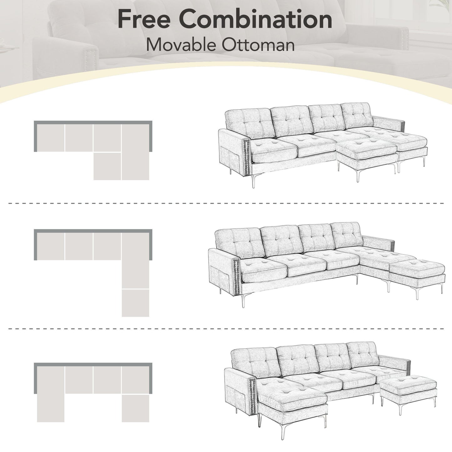 Convertible Sectional Sofa Couch With Movable Ottoman - Light Gray