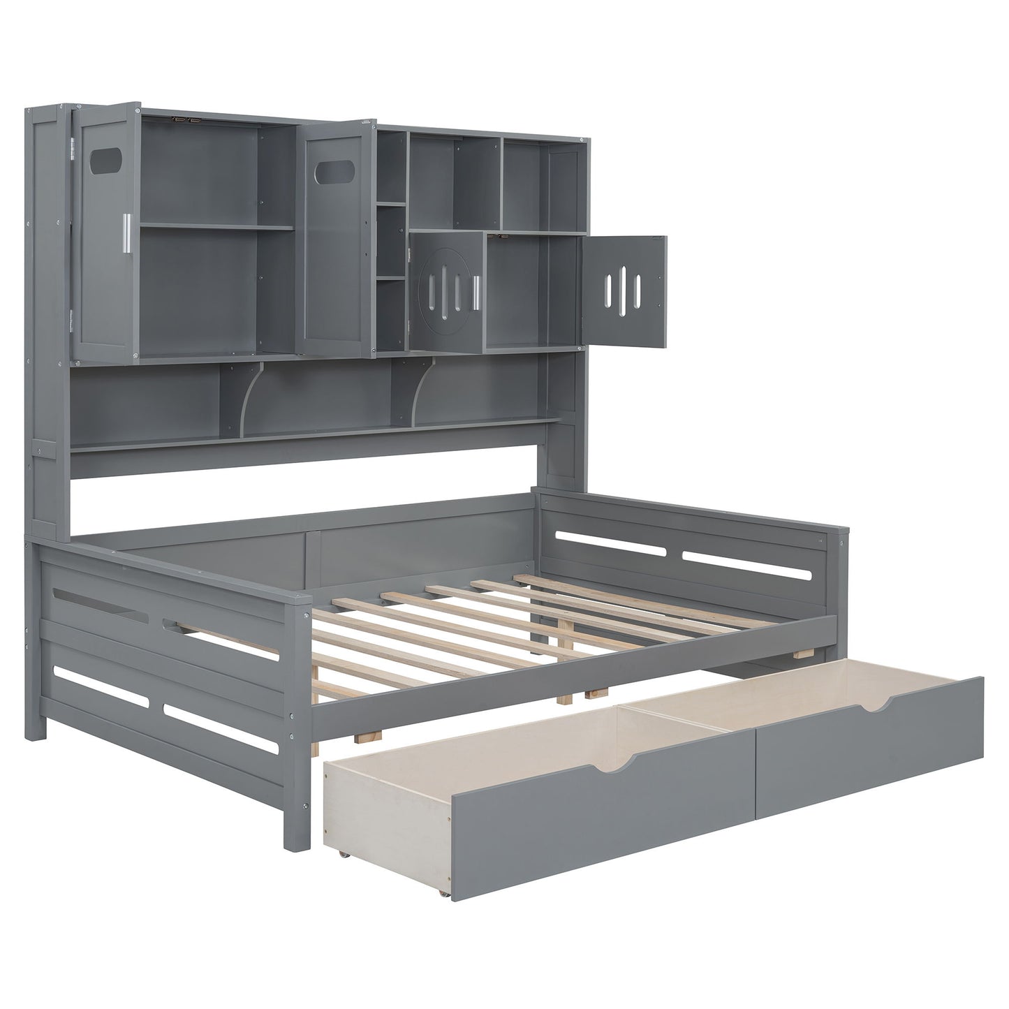 Full Size Daybed With 2 Drawers And All In One Cabinet And Shelf - Gray