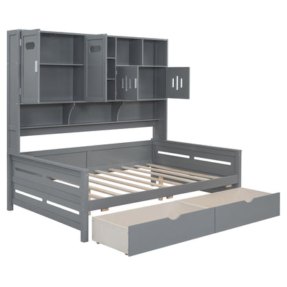 Full Size Daybed With 2 Drawers And All In One Cabinet And Shelf - Gray