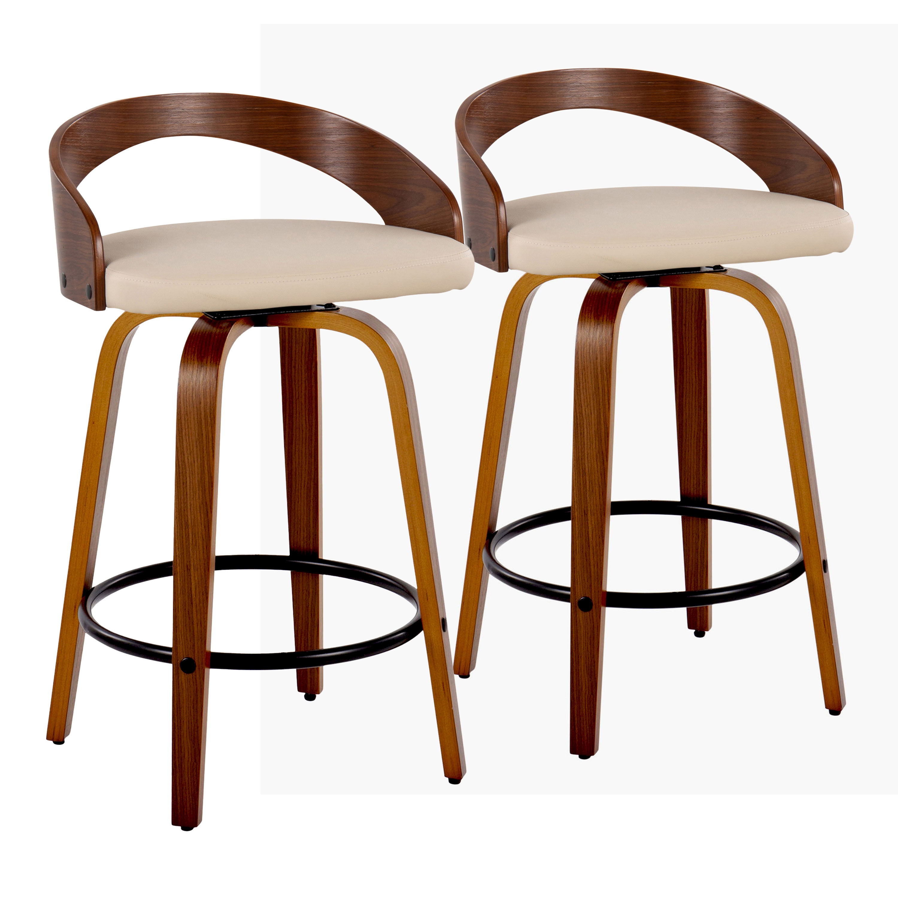 Grotto - Mid-Century Modern Fixed Height Counter Stool With Swivel & Round Footrest (Set of 2) - Walnut / Cream