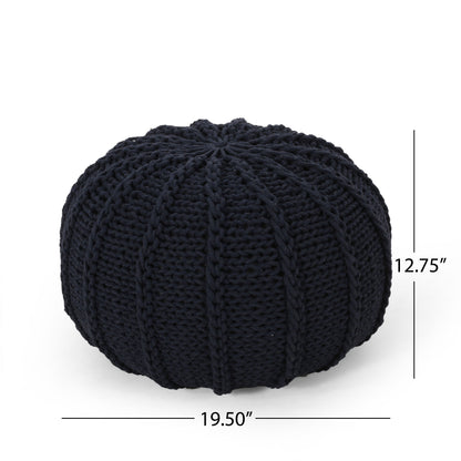Bordeaux - Knitted Cotton Round Pouf Ottoman And Floor Cushion - Dark Blue