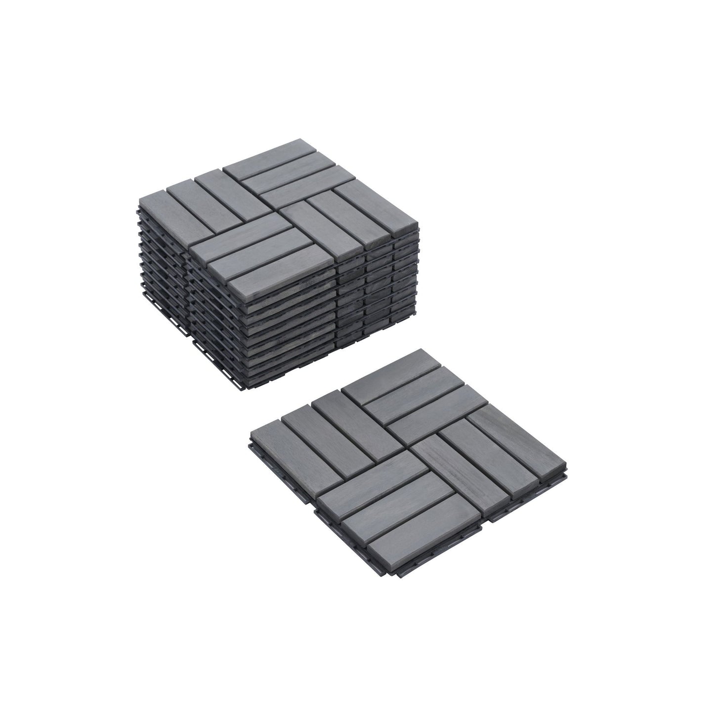 30 Piece Interlocking Deck Tiles Checker Pattern, Square Acacia Hardwood Outdoor Flooring For Patio, Bancony, Pool Side - Light Gray