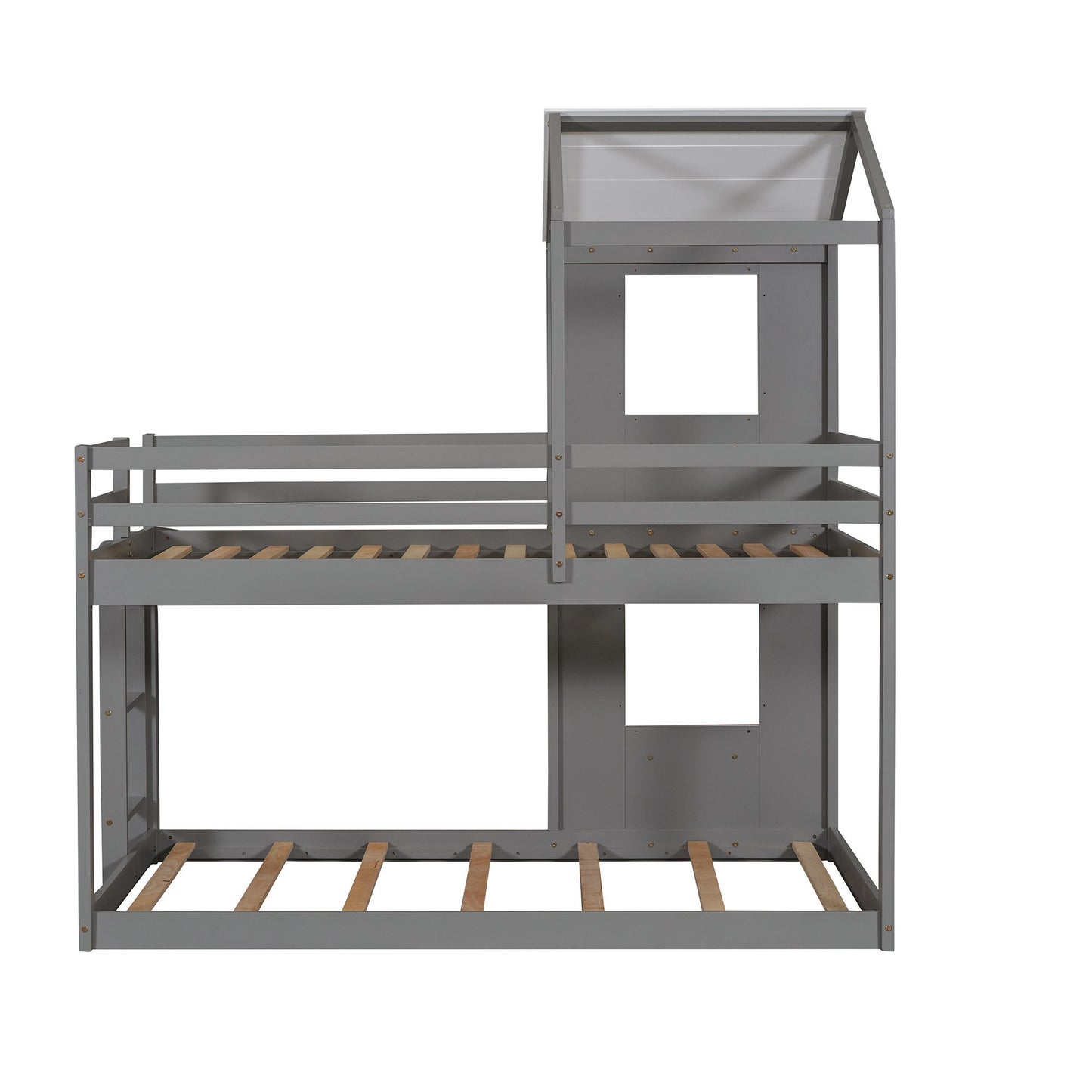 Twin Over Twin Bunk Bed With Roof, Window, Guardrail, Ladder - White