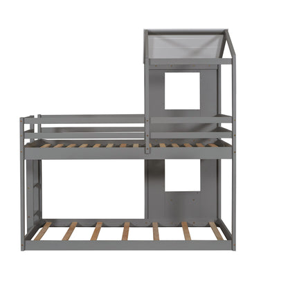 Twin Over Twin Bunk Bed With Roof, Window, Guardrail, Ladder - White