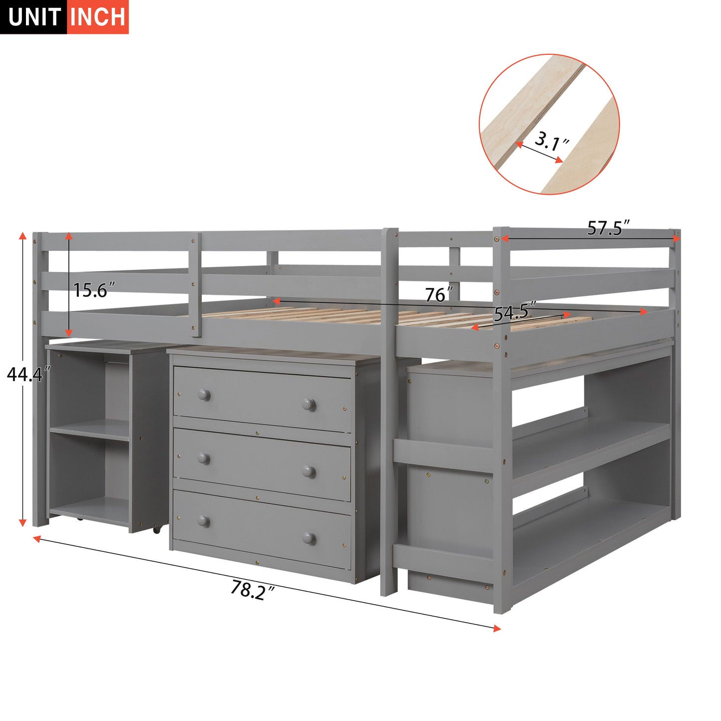 Full Loft Low Study Bed With Cabinet, Shelves And Rolling Portable Desk, Multiple Functions- Gray