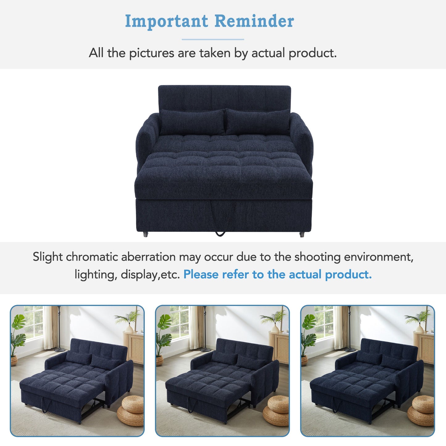 Loveseat Sofa Pull Out Sofa Bed Tufted Sleeper Sofa With An Adjustable Backrest, 3 USB Ports And 2 Lumbar Pillows For Living Room - Blue