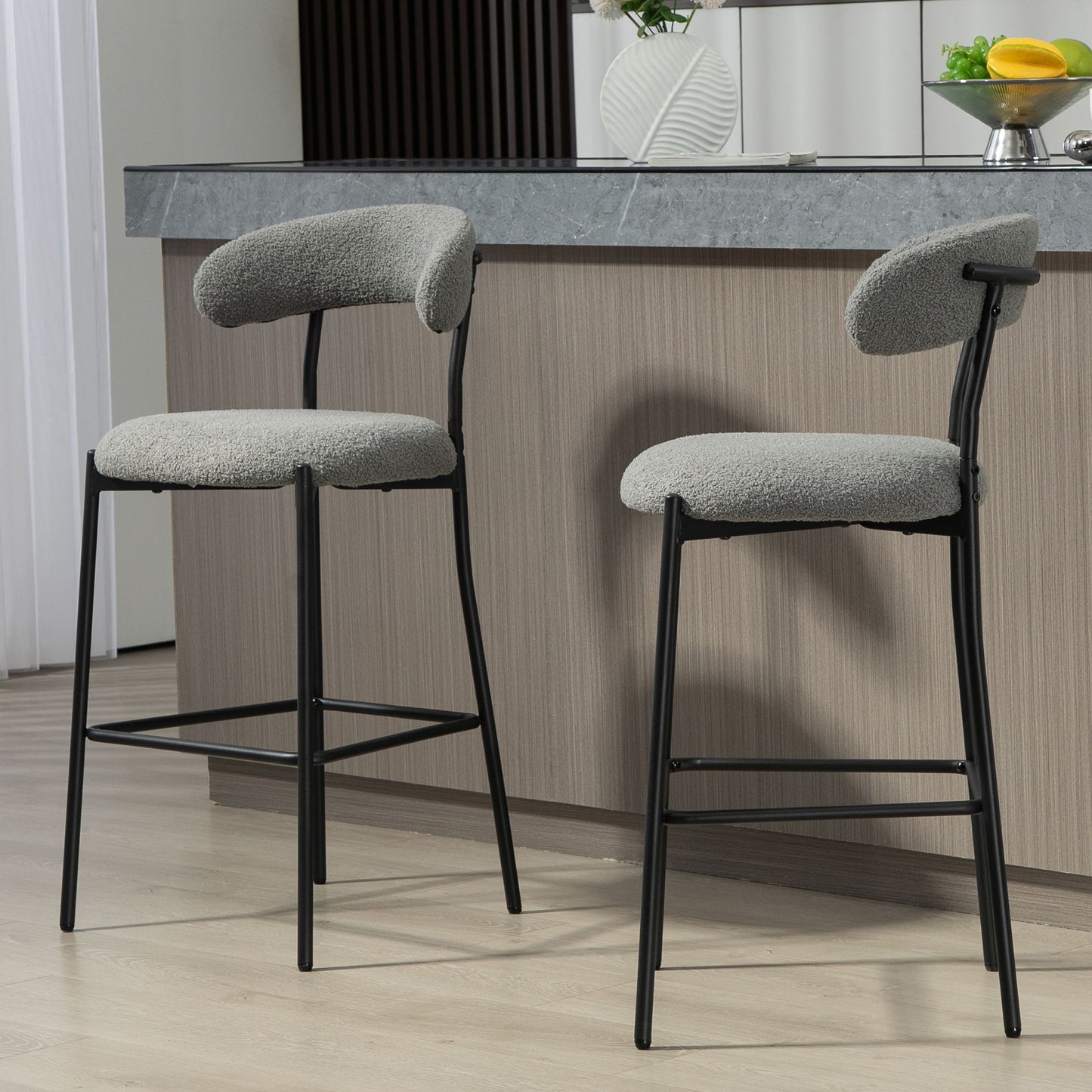 Counter Height Bar Stools Teddy Fabric Cover Kitchen Island Counter Bar Stool With Black Powder Coating Base And Footrest - Gray